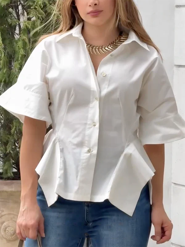 Half Sleeves Loose Buttoned Solid Color Lapel Blouses&Shirts Tops - Image 3
