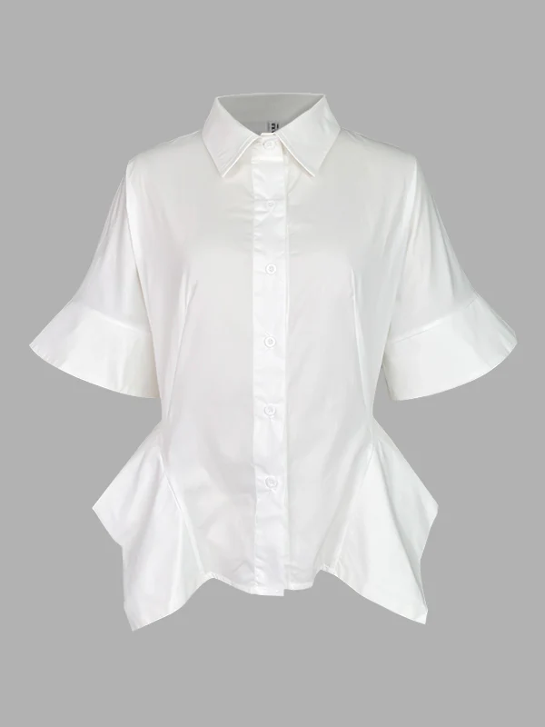 Half Sleeves Loose Buttoned Solid Color Lapel Blouses&Shirts Tops - Image 4