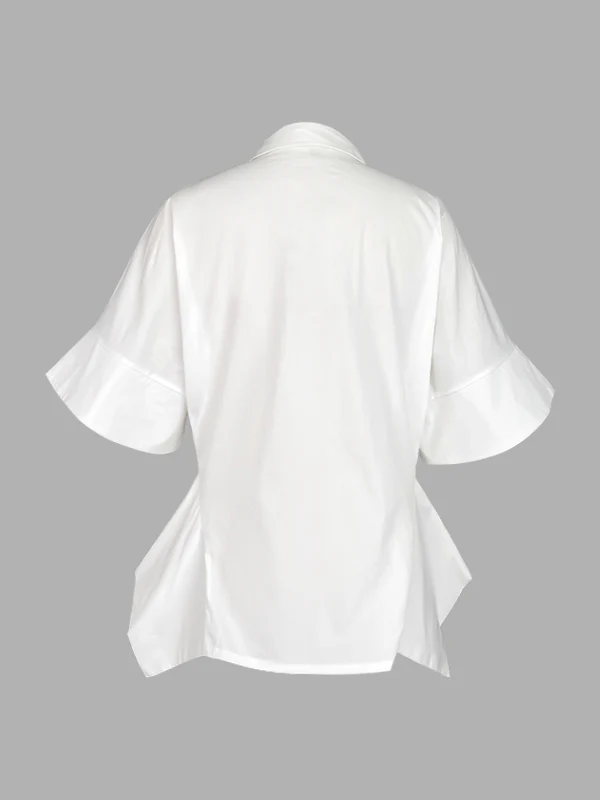 Half Sleeves Loose Buttoned Solid Color Lapel Blouses&Shirts Tops - Image 5