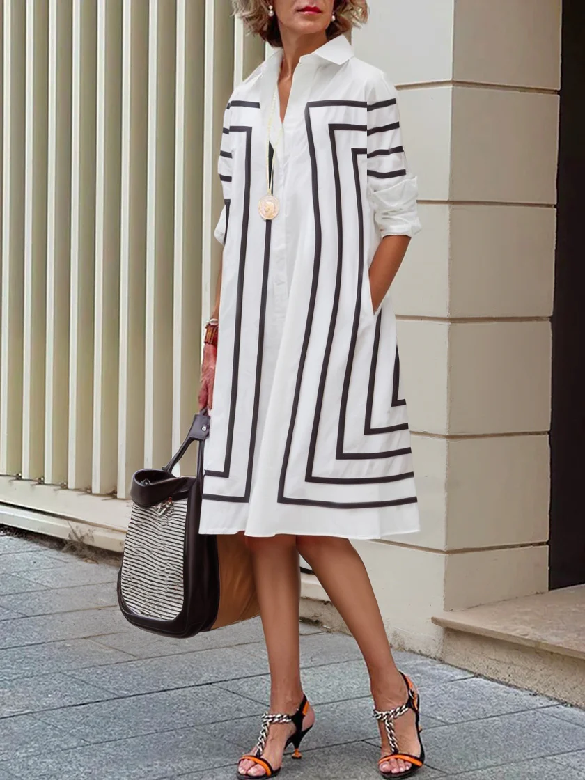 Half Sleeves Loose Buttoned Striped Lapel Midi Dresses Shirt Dress - Image 2
