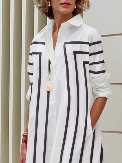 Half Sleeves Loose Buttoned Striped Lapel Midi Dresses Shirt Dress - Image 3
