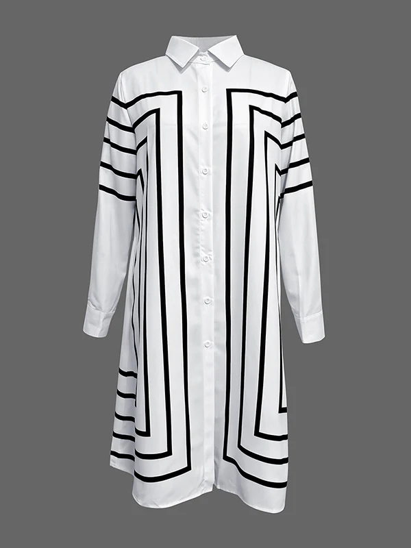 Half Sleeves Loose Buttoned Striped Lapel Midi Dresses Shirt Dress - Image 5