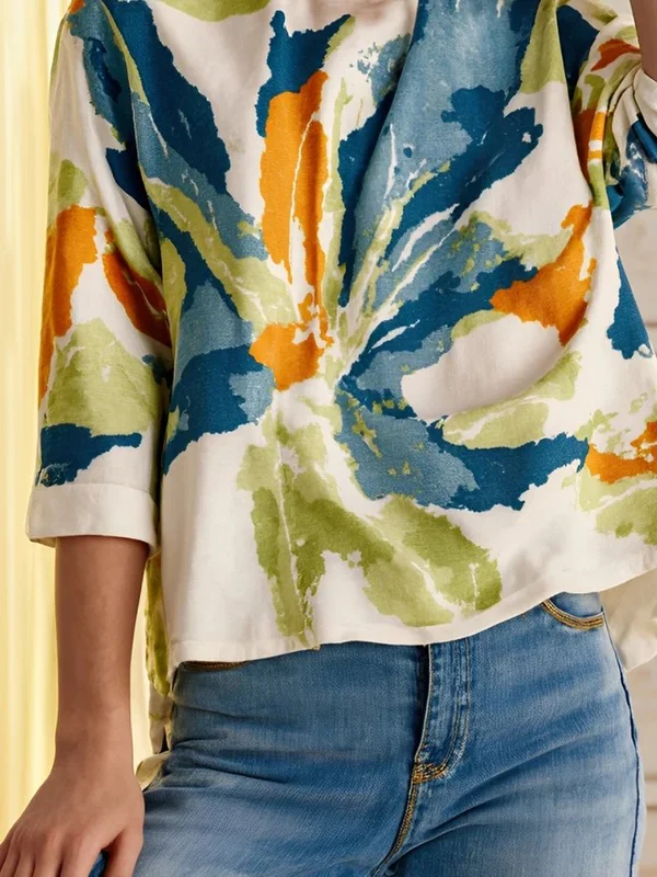Half Sleeves Loose Buttoned Contrast Color Flower Print Round-neck T-Shirts Tops - Image 3