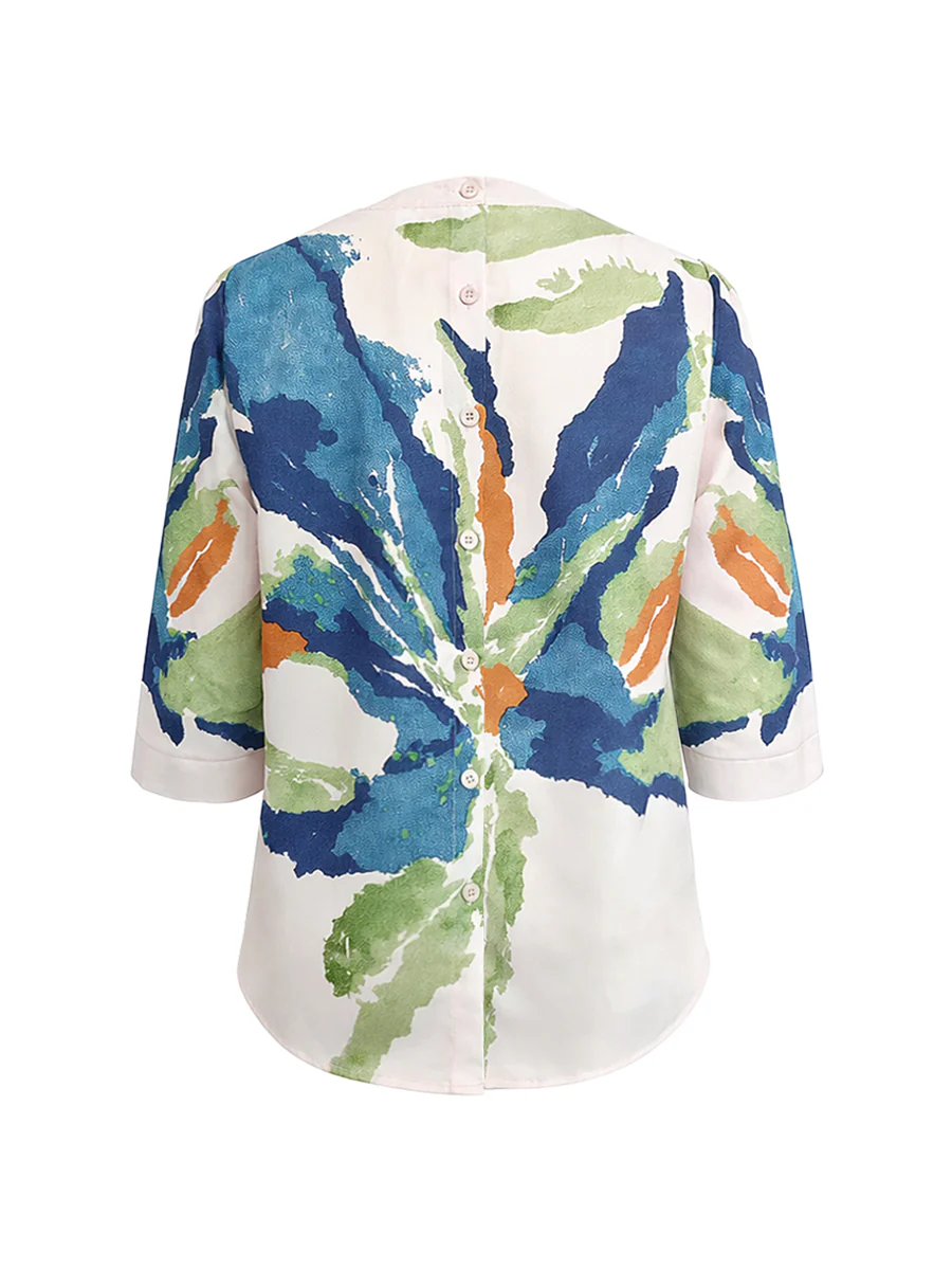 Half Sleeves Loose Buttoned Contrast Color Flower Print Round-neck T-Shirts Tops - Image 4