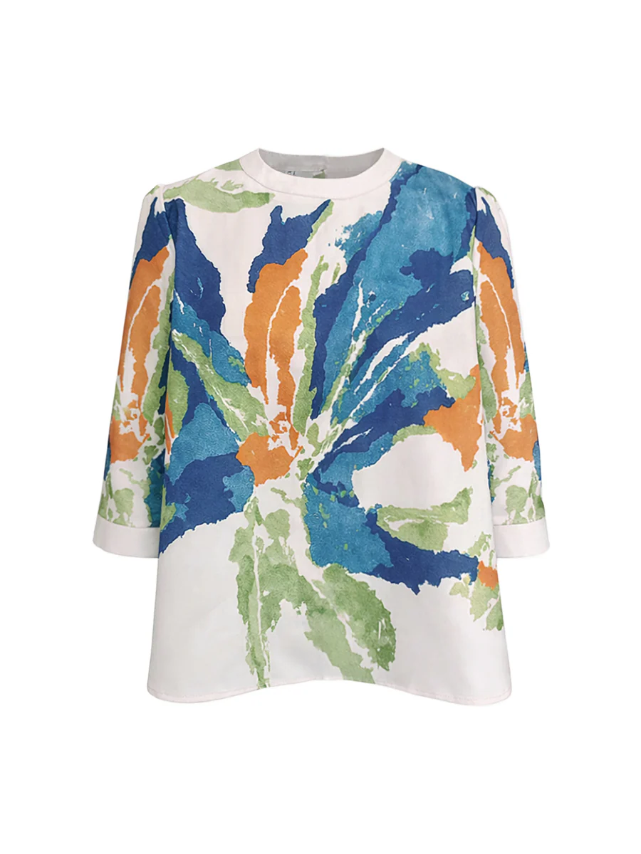 Half Sleeves Loose Buttoned Contrast Color Flower Print Round-neck T-Shirts Tops - Image 5