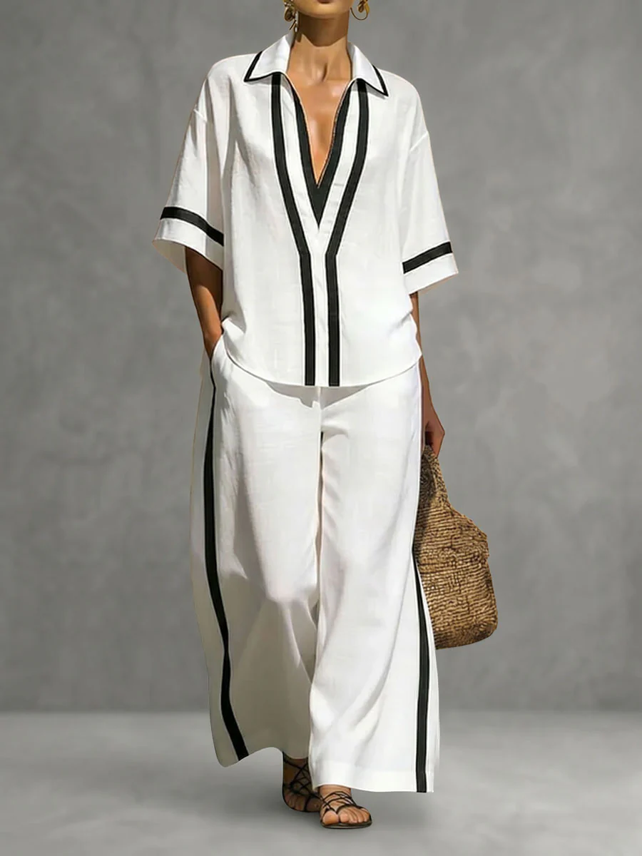 Half Sleeves Loose Contrast Color Lapel Blouses&Shirts Tops - Image 2