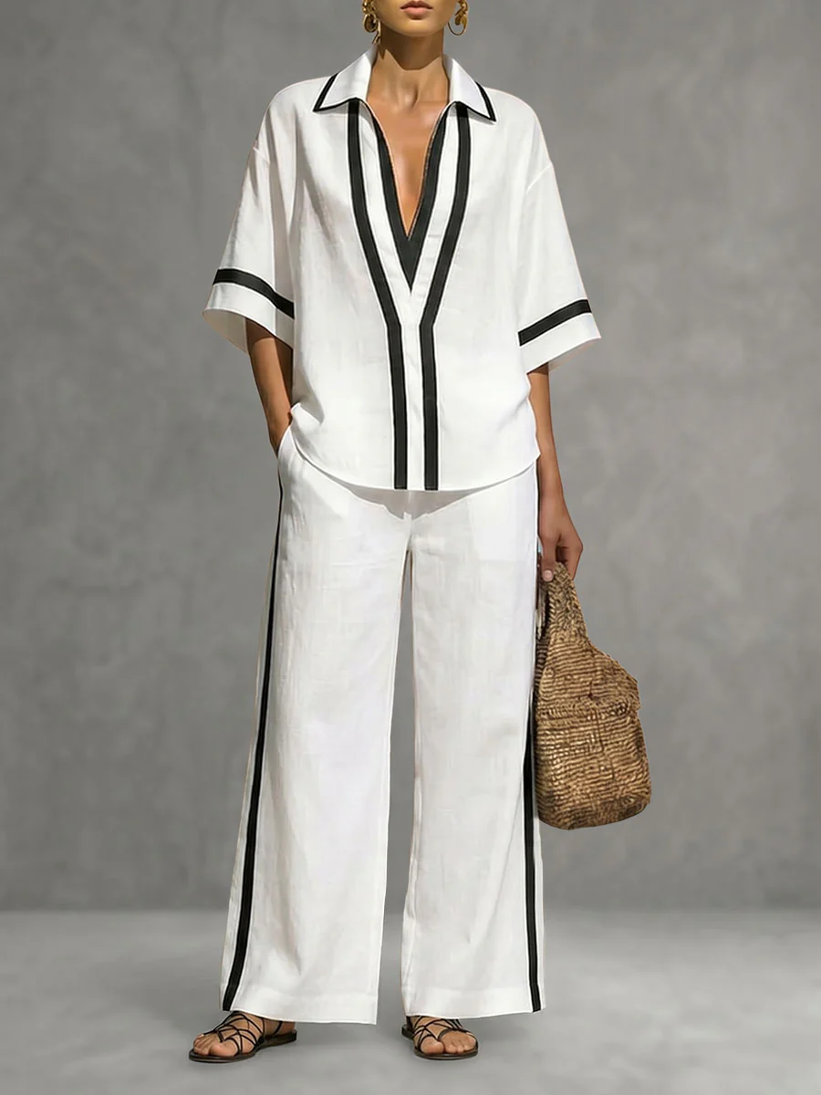 Half Sleeves Loose Contrast Color Lapel Blouses&Shirts Tops - Image 3