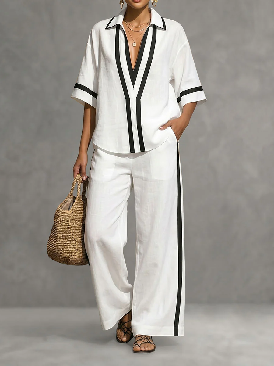 Half Sleeves Loose Contrast Color Lapel Blouses&Shirts Tops - Image 4