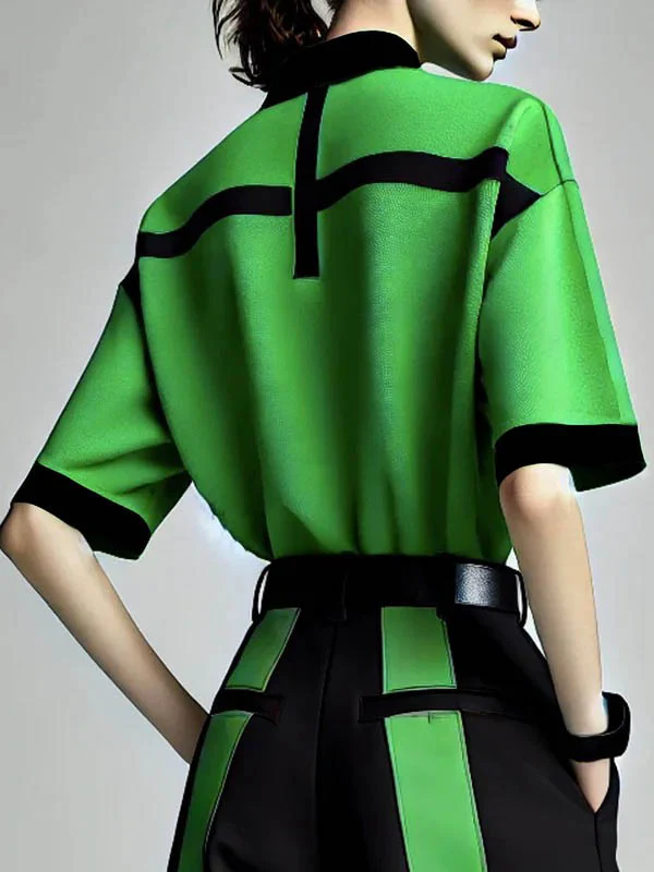Half Sleeves Loose Contrast Color Lapel Blouses&Shirts Tops - Image 2