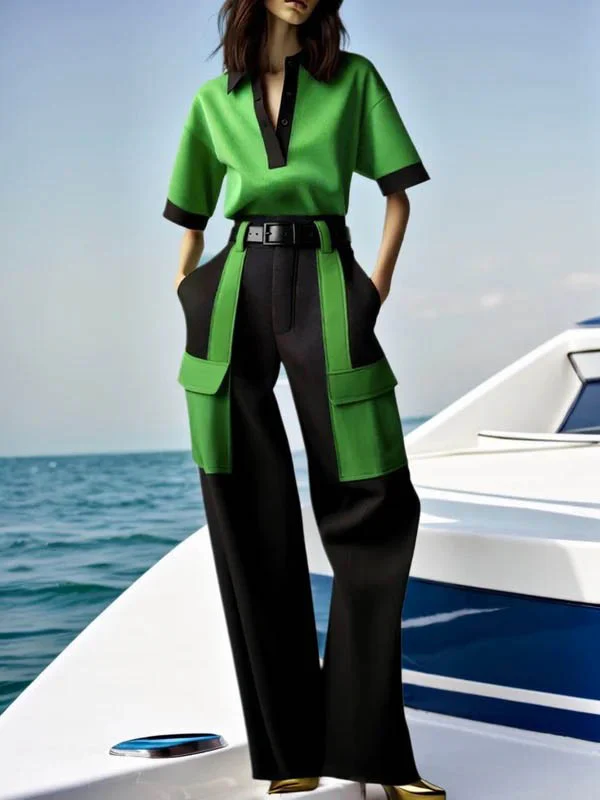 Half Sleeves Loose Contrast Color Lapel Blouses&Shirts Tops - Image 3