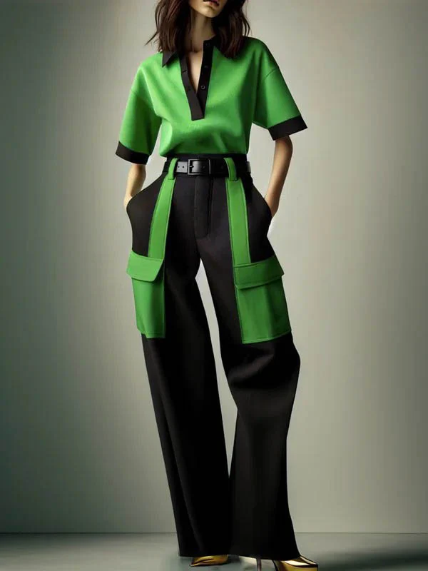 Half Sleeves Loose Contrast Color Lapel Blouses&Shirts Tops - Image 4
