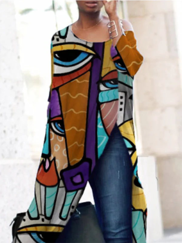 Half Sleeves Loose Contrast Color Printed Split-Side Round-Neck T-Shirts Tops - Image 2
