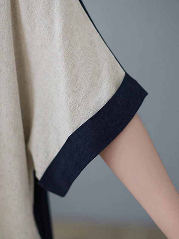 Half Sleeves Loose Contrast Color Round-Neck Midi Dresses - Image 11