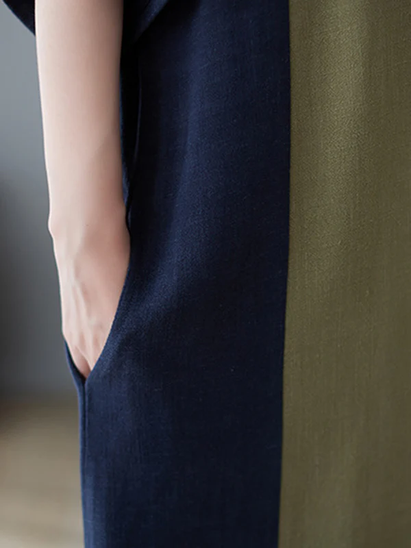 Half Sleeves Loose Contrast Color Round-Neck Midi Dresses - Image 12
