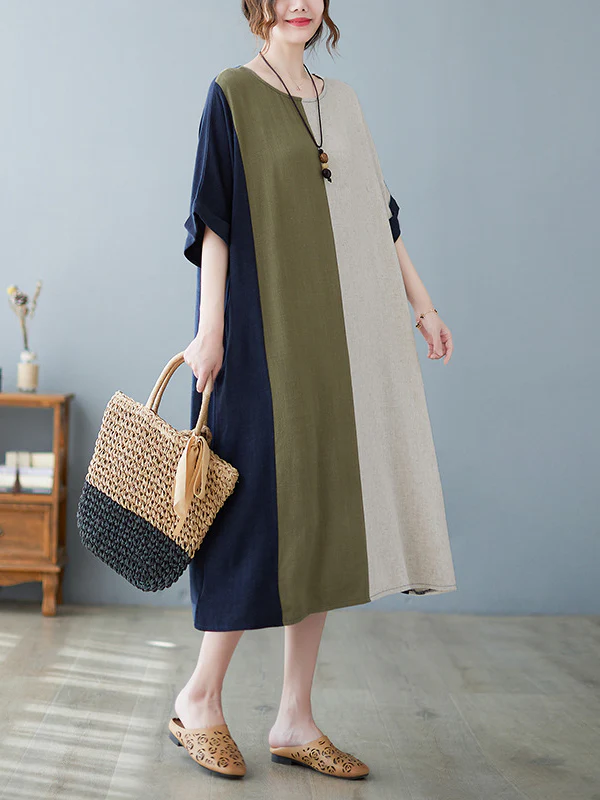 Half Sleeves Loose Contrast Color Round-Neck Midi Dresses - Image 2