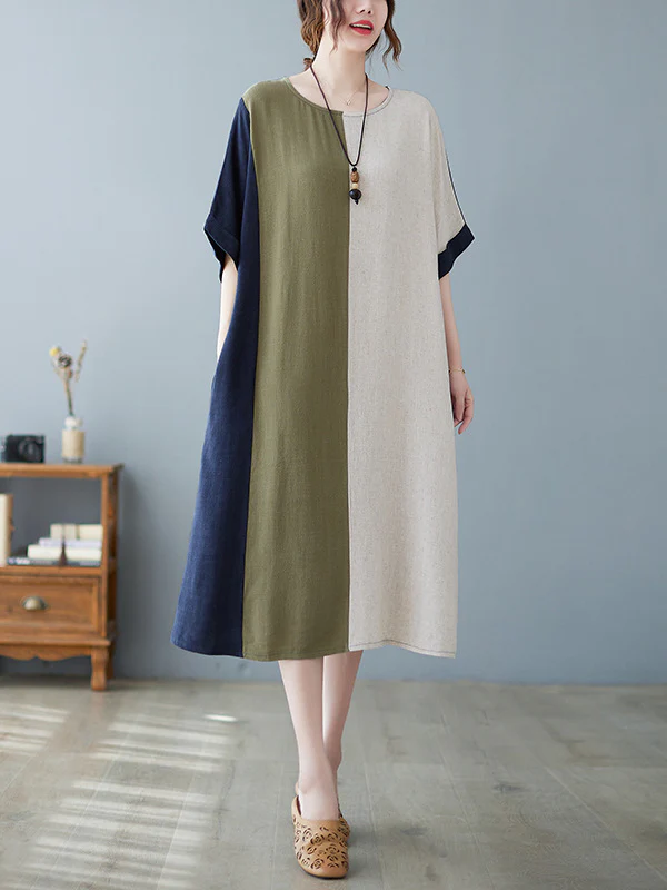 Half Sleeves Loose Contrast Color Round-Neck Midi Dresses - Image 3