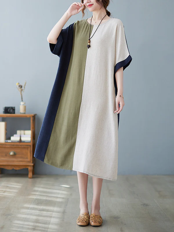 Half Sleeves Loose Contrast Color Round-Neck Midi Dresses - Image 4