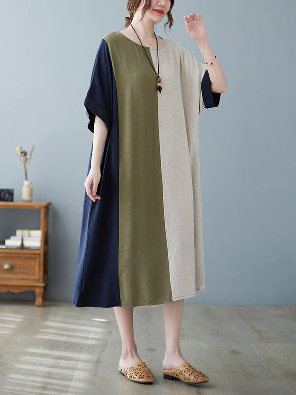 Half Sleeves Loose Contrast Color Round-Neck Midi Dresses - Image 5