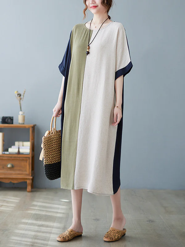 Half Sleeves Loose Contrast Color Round-Neck Midi Dresses - Image 6