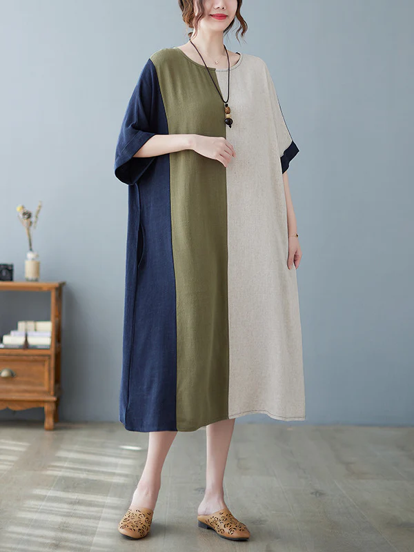 Half Sleeves Loose Contrast Color Round-Neck Midi Dresses - Image 7