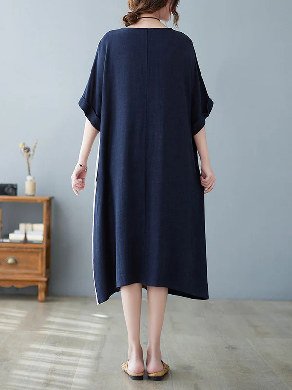 Half Sleeves Loose Contrast Color Round-Neck Midi Dresses - Image 8