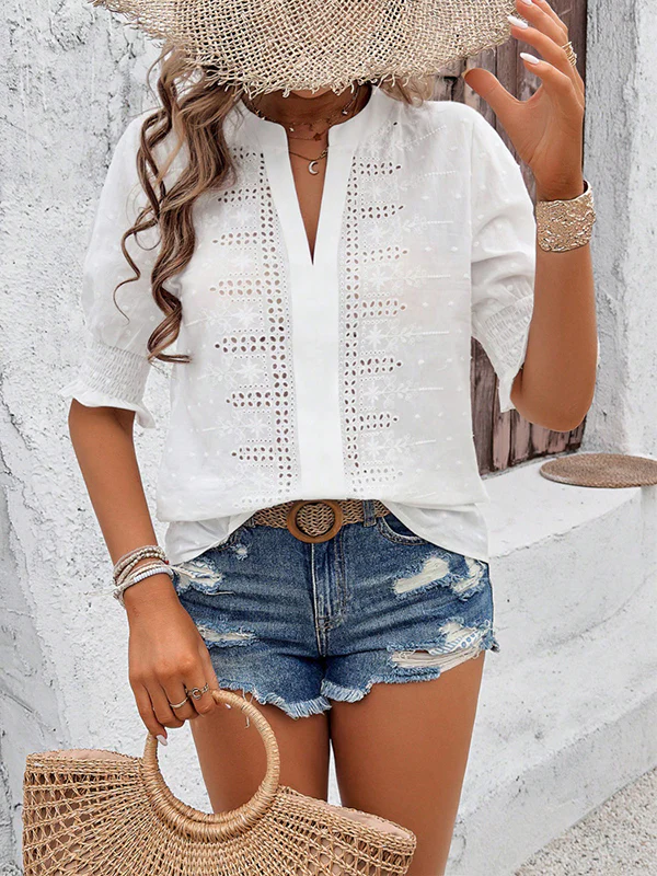 Half Sleeves Loose Elasticity Embroidered Hollow Solid Color V-Neck Blouses&Shirts Tops - Image 10