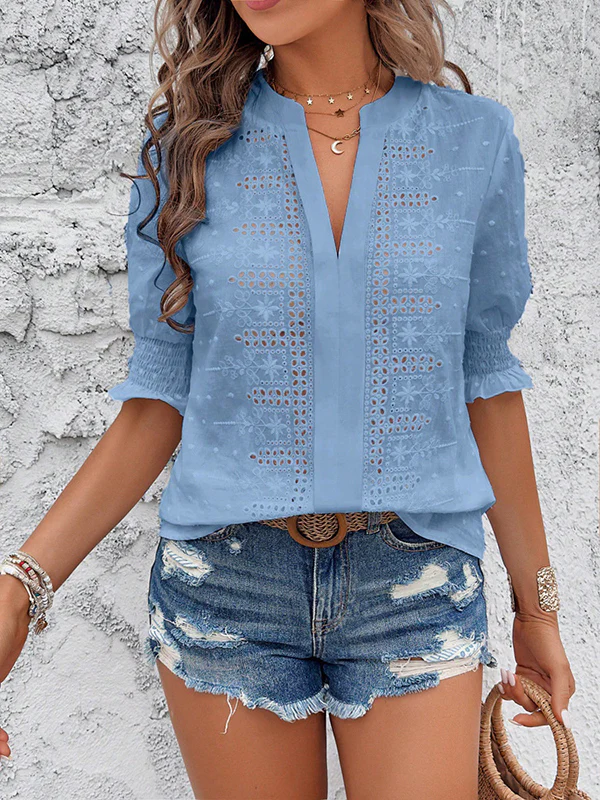 Half Sleeves Loose Elasticity Embroidered Hollow Solid Color V-Neck Blouses&Shirts Tops - Image 12