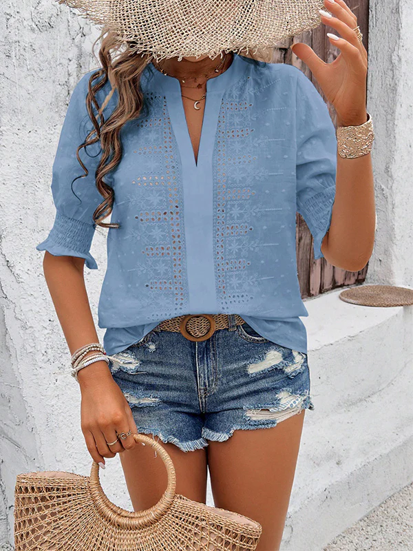 Half Sleeves Loose Elasticity Embroidered Hollow Solid Color V-Neck Blouses&Shirts Tops - Image 13