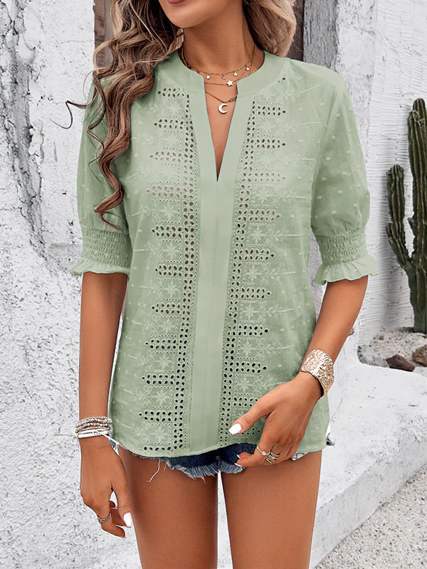 Half Sleeves Loose Elasticity Embroidered Hollow Solid Color V-Neck Blouses&Shirts Tops - Image 16