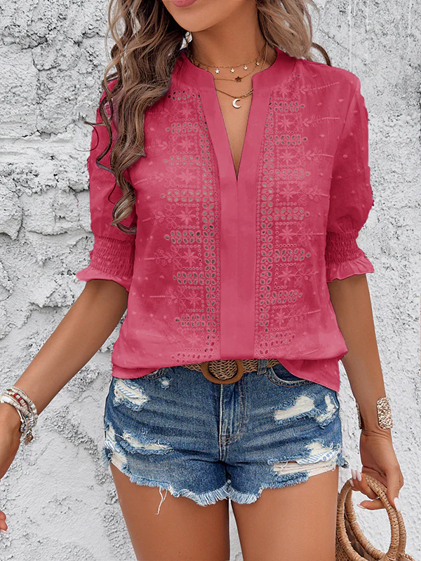 Half Sleeves Loose Elasticity Embroidered Hollow Solid Color V-Neck Blouses&Shirts Tops - Image 6