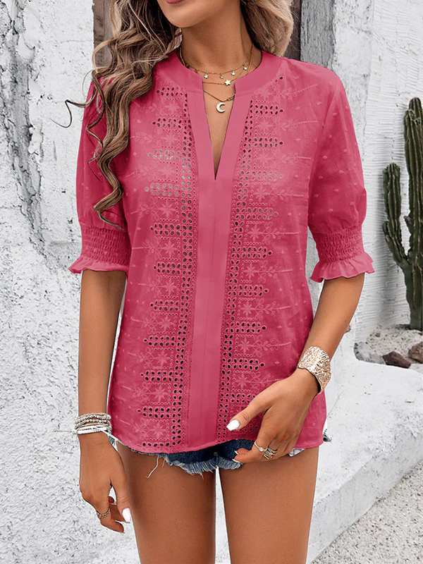 Half Sleeves Loose Elasticity Embroidered Hollow Solid Color V-Neck Blouses&Shirts Tops - Image 7
