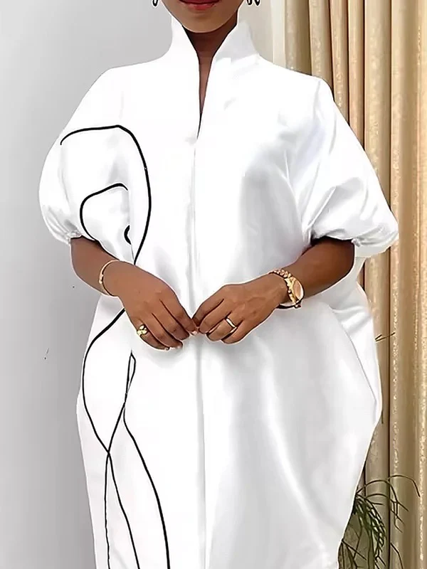 Half Sleeves Loose Elasticity Printed Split-Front Stand Collar Maxi Dresses - Image 2