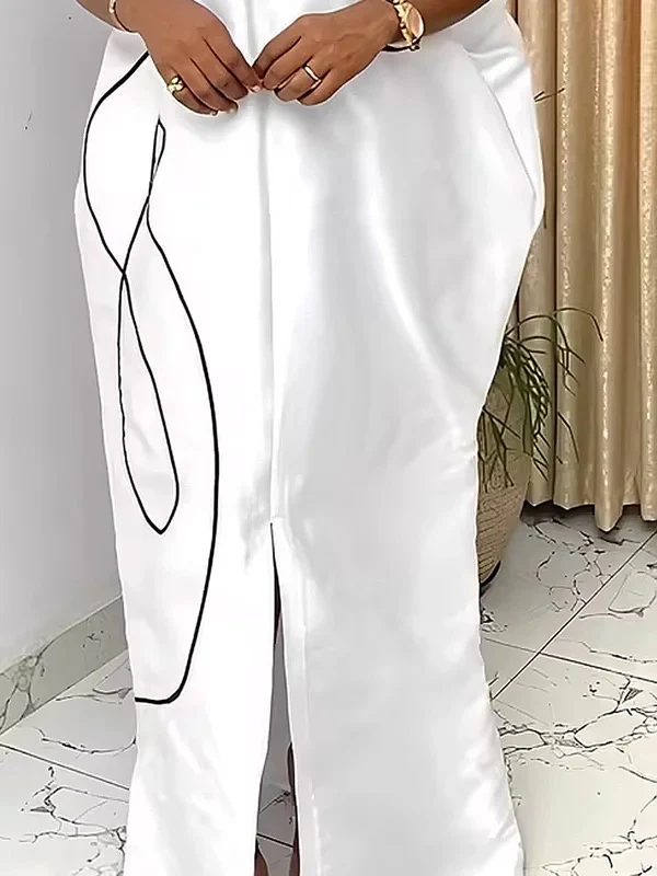 Half Sleeves Loose Elasticity Printed Split-Front Stand Collar Maxi Dresses - Image 3