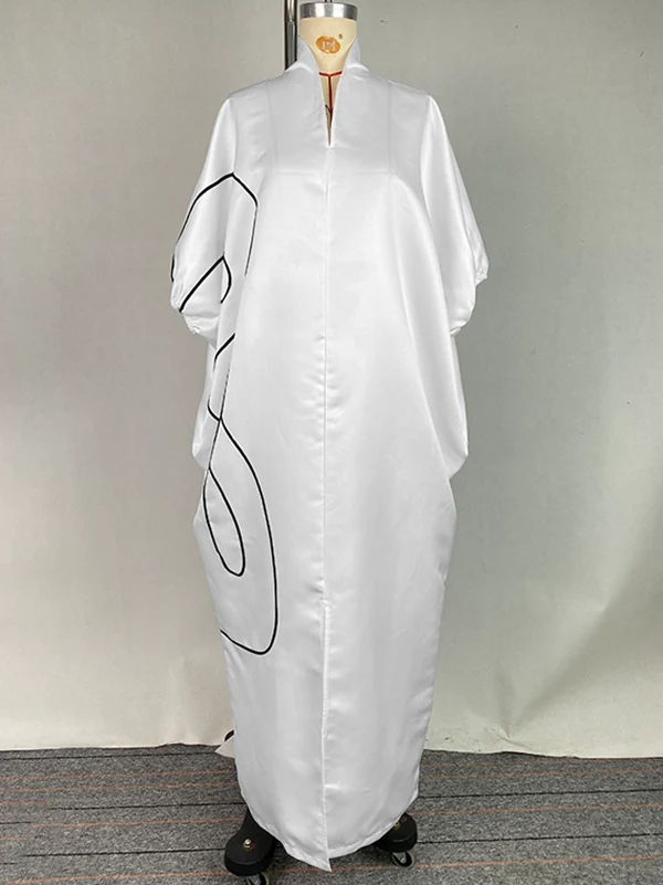 Half Sleeves Loose Elasticity Printed Split-Front Stand Collar Maxi Dresses - Image 4