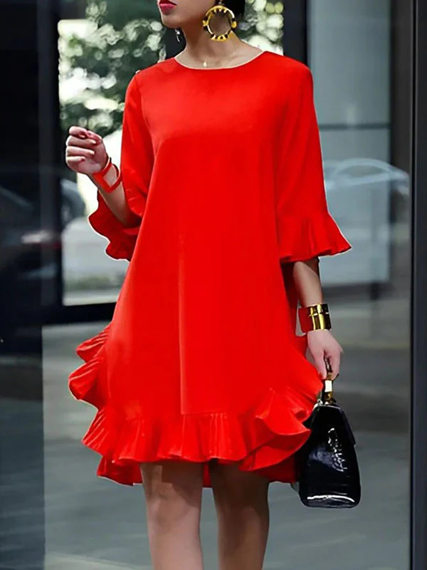 Half Sleeves Loose Falbala Solid Color Round-Neck Midi Dresses Short Dresses - Image 2