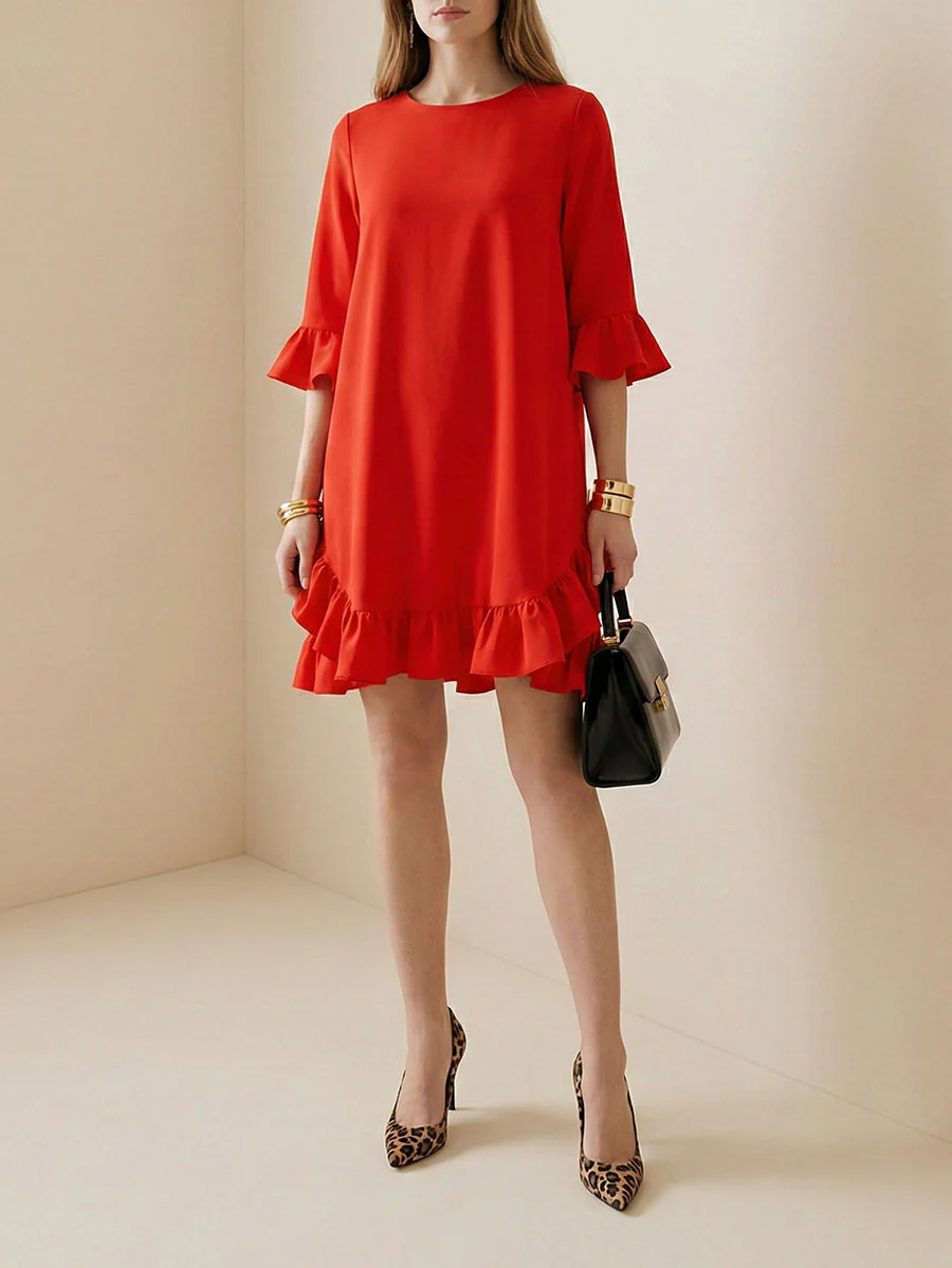 Half Sleeves Loose Falbala Solid Color Round-Neck Midi Dresses Short Dresses - Image 3