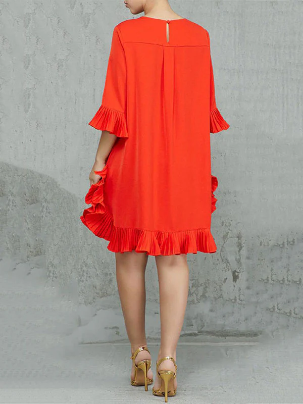 Half Sleeves Loose Falbala Solid Color Round-Neck Midi Dresses Short Dresses - Image 4