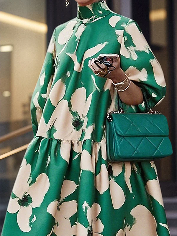 Half Sleeves Loose Flower Print High Neck Midi Dresses - Image 2