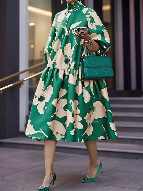 Half Sleeves Loose Flower Print High Neck Midi Dresses - Image 3