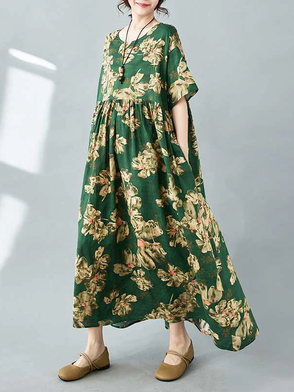 Half Sleeves Loose Flower Print Pleated Pockets Round-neck Midi Dresses - Image 10
