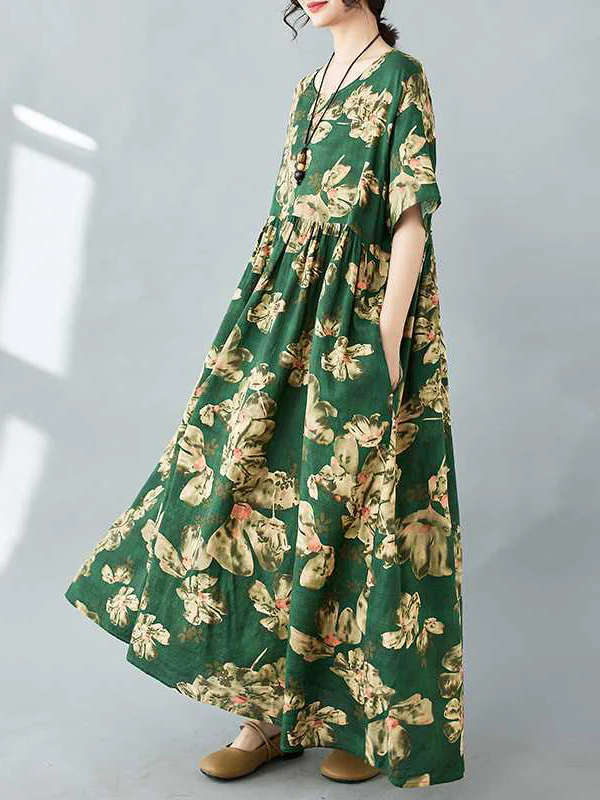 Half Sleeves Loose Flower Print Pleated Pockets Round-neck Midi Dresses - Image 11