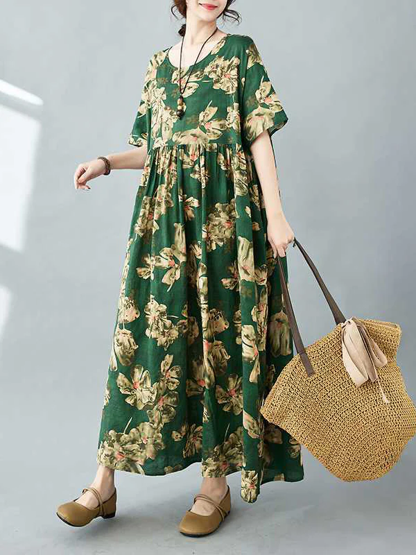 Half Sleeves Loose Flower Print Pleated Pockets Round-neck Midi Dresses - Image 12