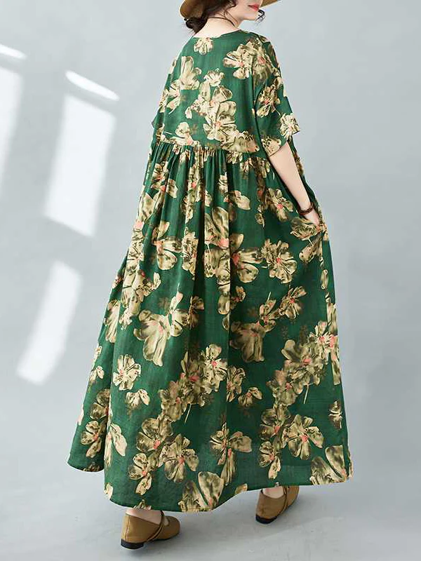 Half Sleeves Loose Flower Print Pleated Pockets Round-neck Midi Dresses - Image 13