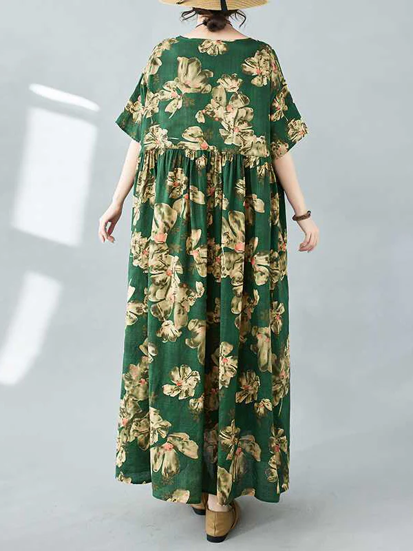 Half Sleeves Loose Flower Print Pleated Pockets Round-neck Midi Dresses - Image 14