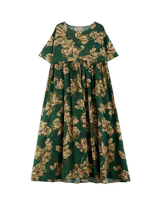 Half Sleeves Loose Flower Print Pleated Pockets Round-neck Midi Dresses - Image 15