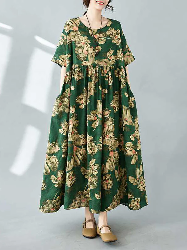 Half Sleeves Loose Flower Print Pleated Pockets Round-neck Midi Dresses - Image 2