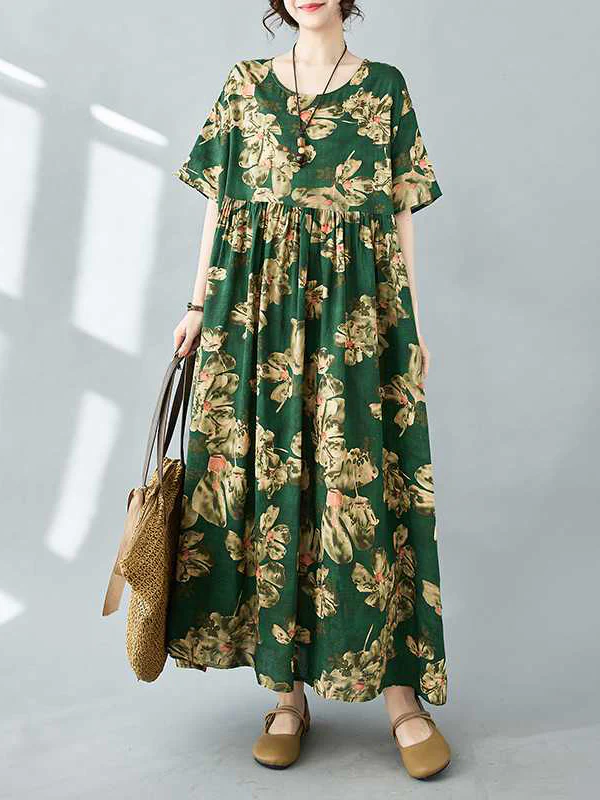 Half Sleeves Loose Flower Print Pleated Pockets Round-neck Midi Dresses - Image 3