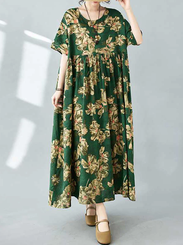 Half Sleeves Loose Flower Print Pleated Pockets Round-neck Midi Dresses - Image 4