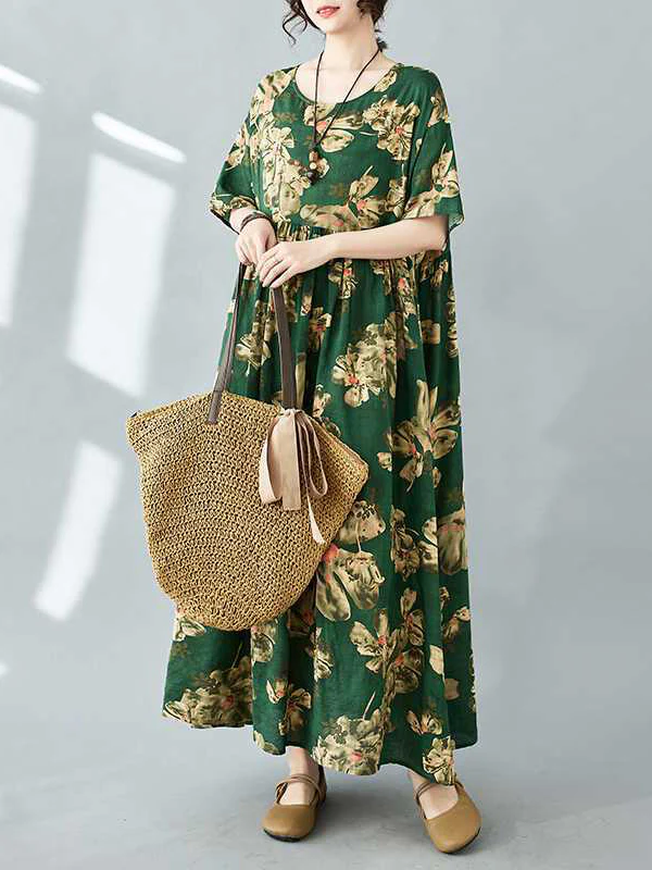 Half Sleeves Loose Flower Print Pleated Pockets Round-neck Midi Dresses - Image 5