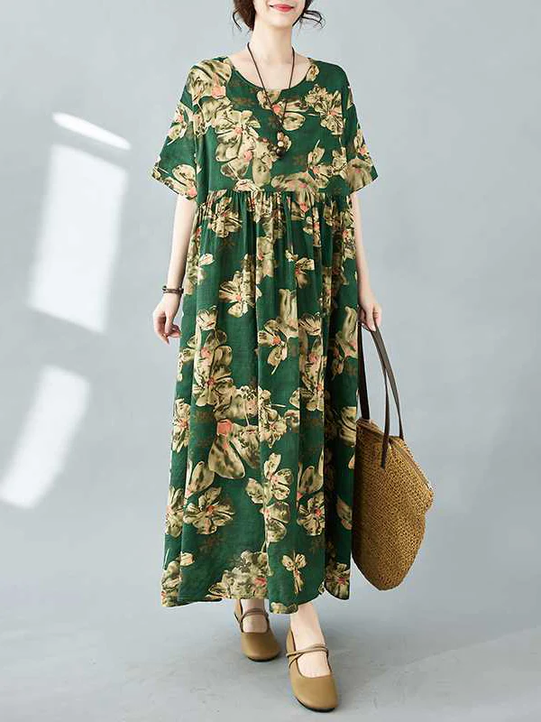 Half Sleeves Loose Flower Print Pleated Pockets Round-neck Midi Dresses - Image 6